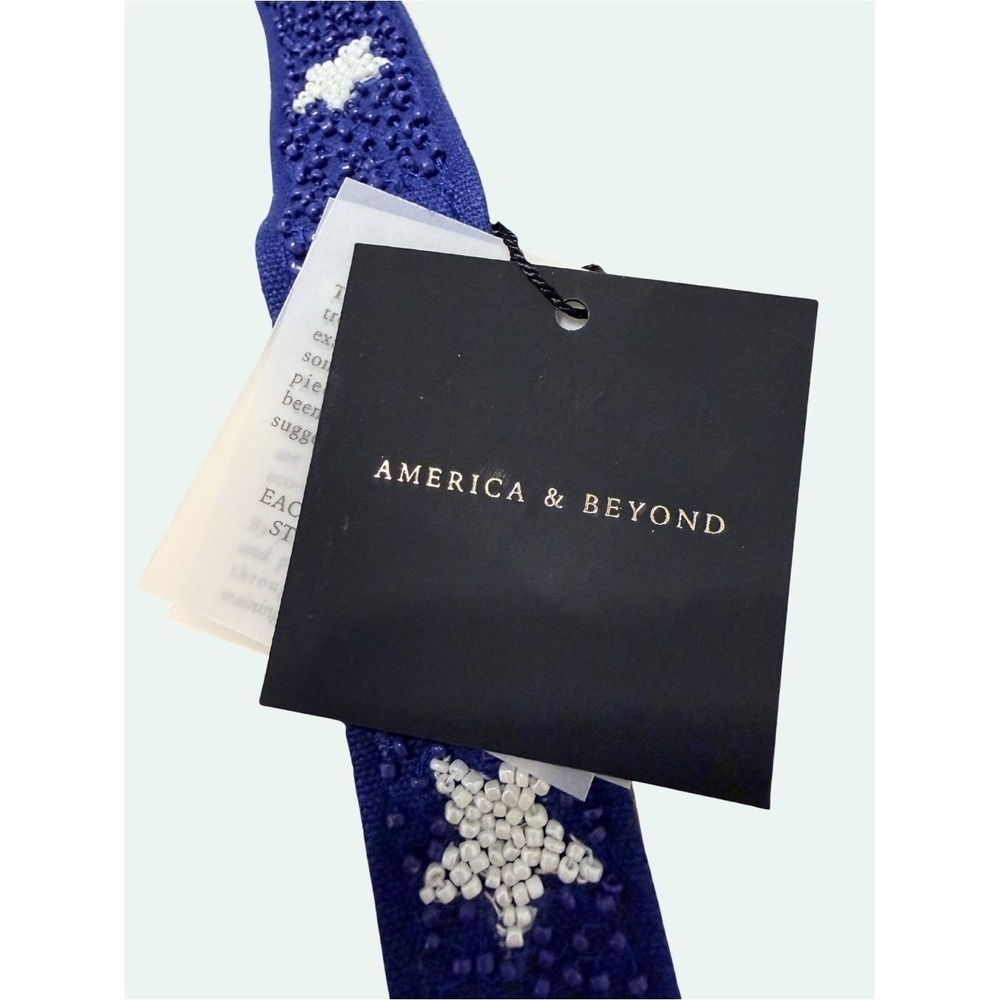 America & Beyond Beaded Canvas Tote Star Handles Fourth of July Beach Blue NWT - Picture 4 of 10